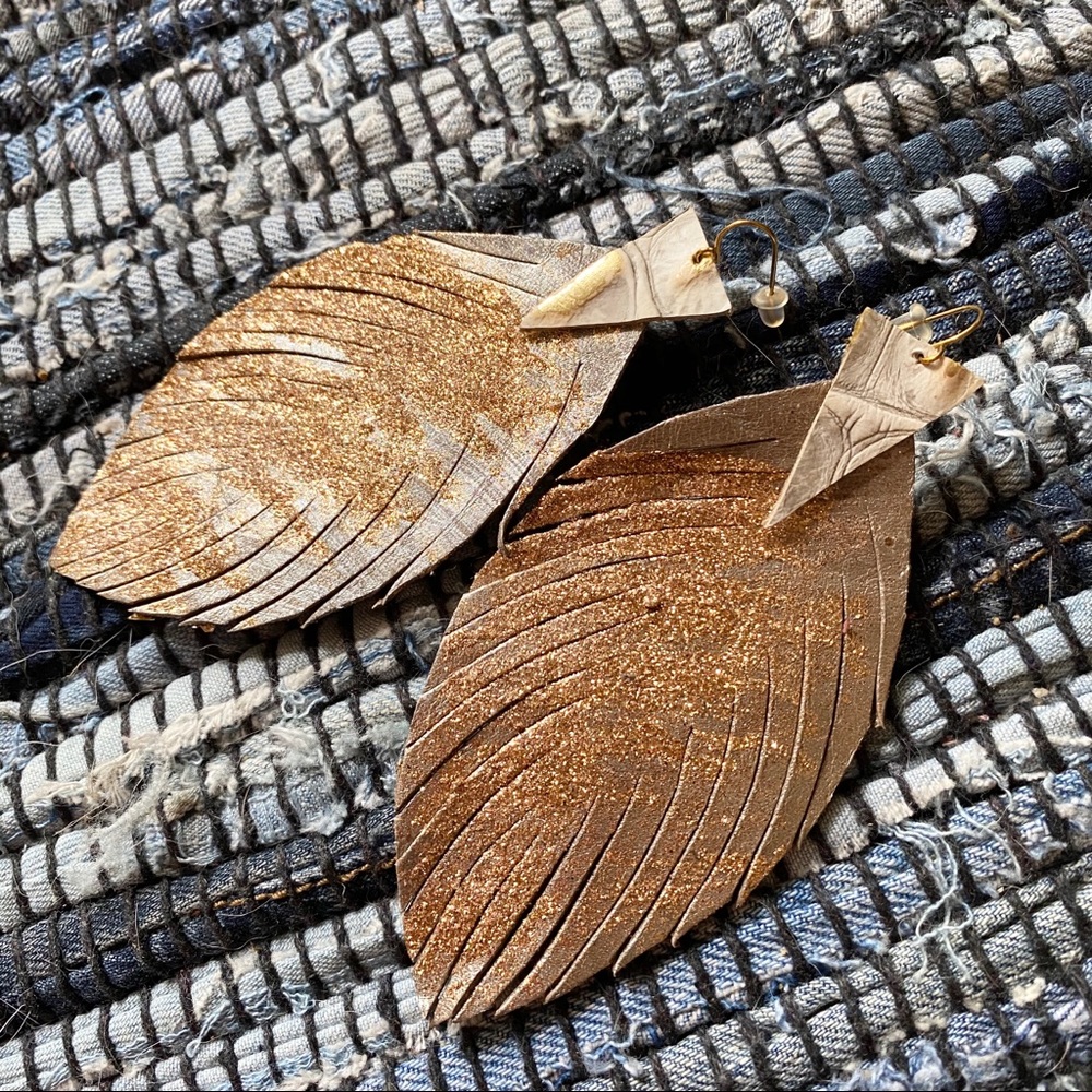 Leather Feather Drop Earrings - Picture 8 of 8